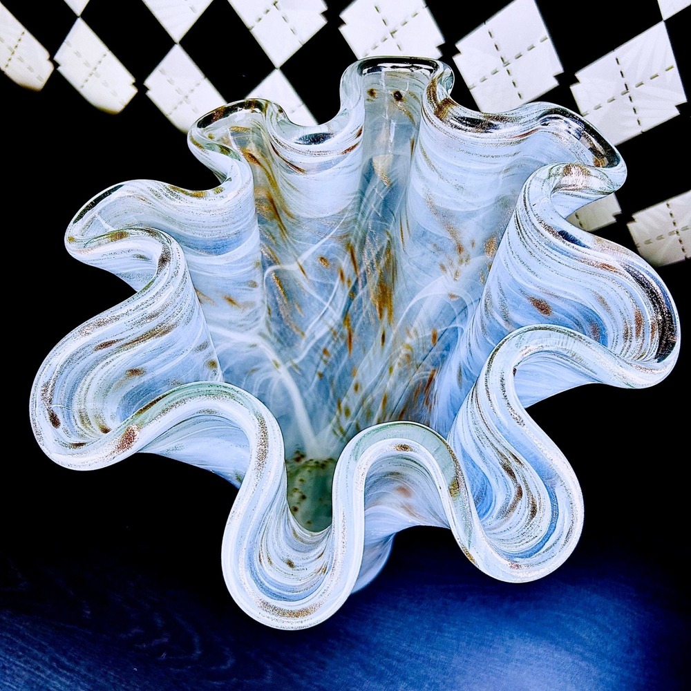 White Opaline Art Glass Vase 15" Ruffled Aventurine Statement - Picture 5 of 17